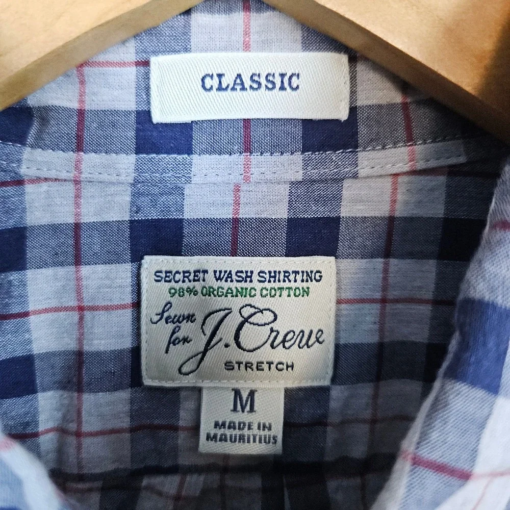 J Crew Men's Secret Wash‎ Shirting Size M Organic Cotton Shirt Blue/Mauve Checks